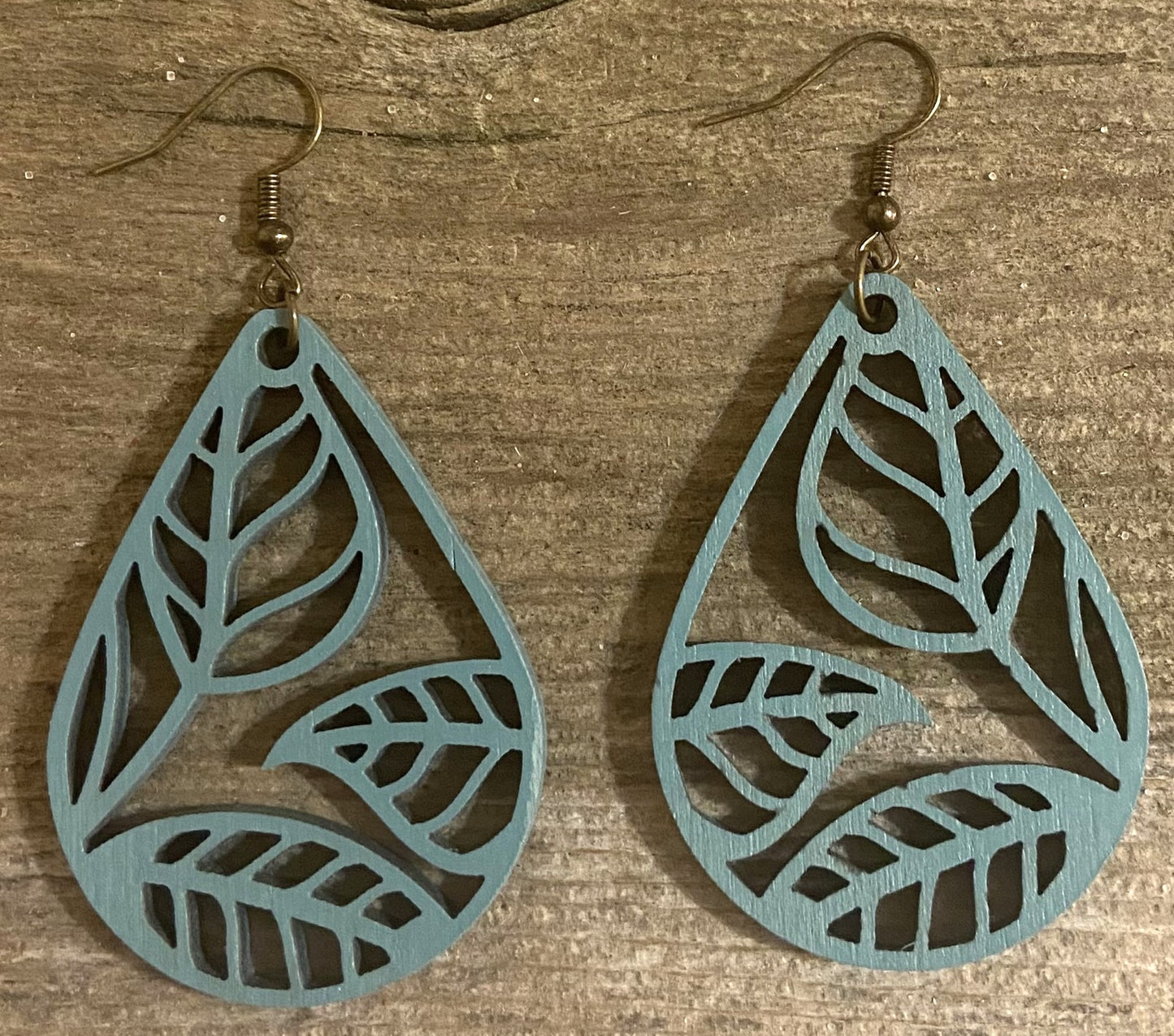 Teardrop Leaf Wood Earrings, Vintage Teal