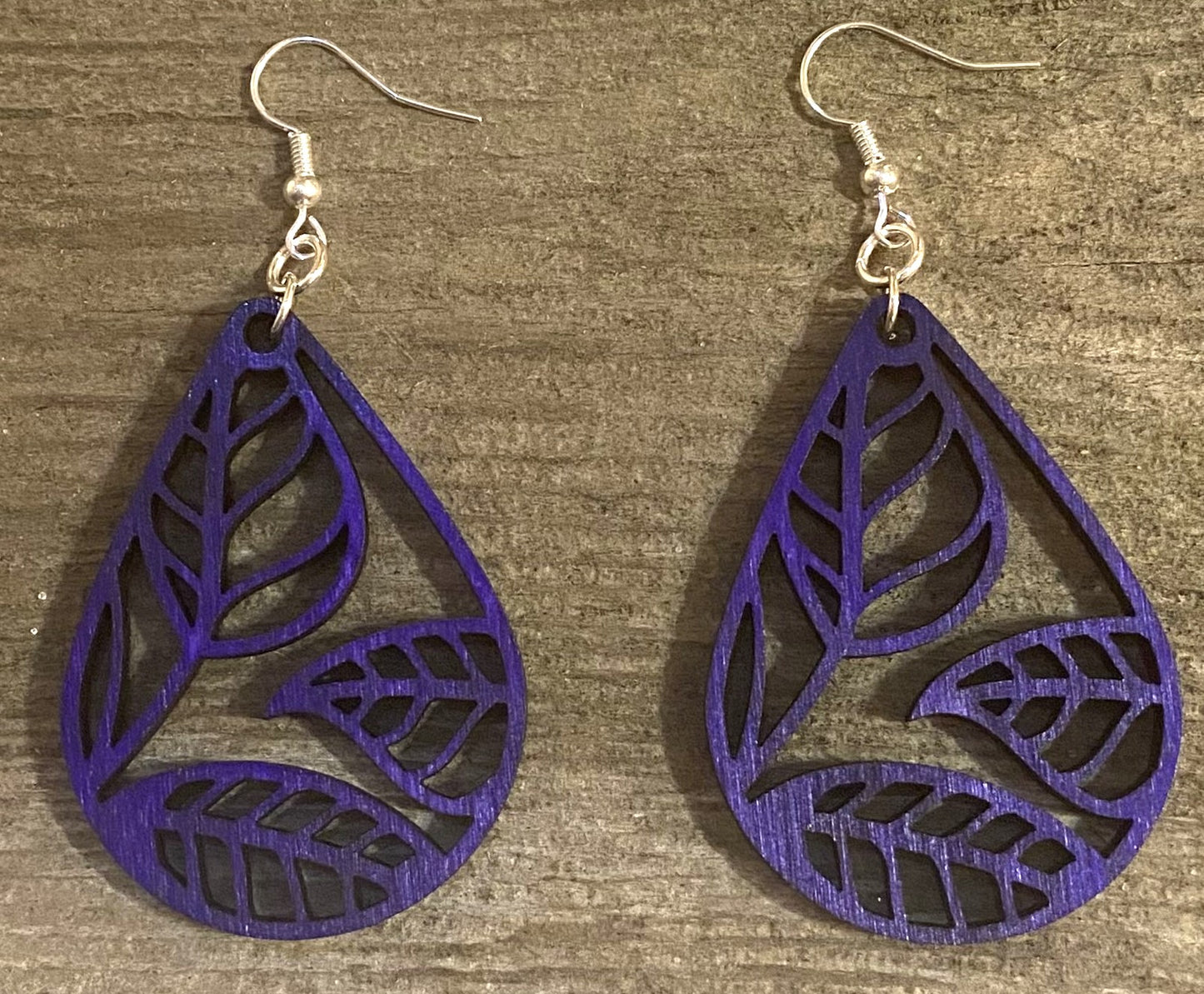 Teardrop Leaf Wood Earrings, Purple Dye