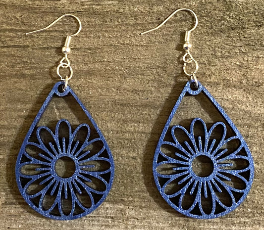 Teardrop Daisy Wood Earrings, Blue Metallic