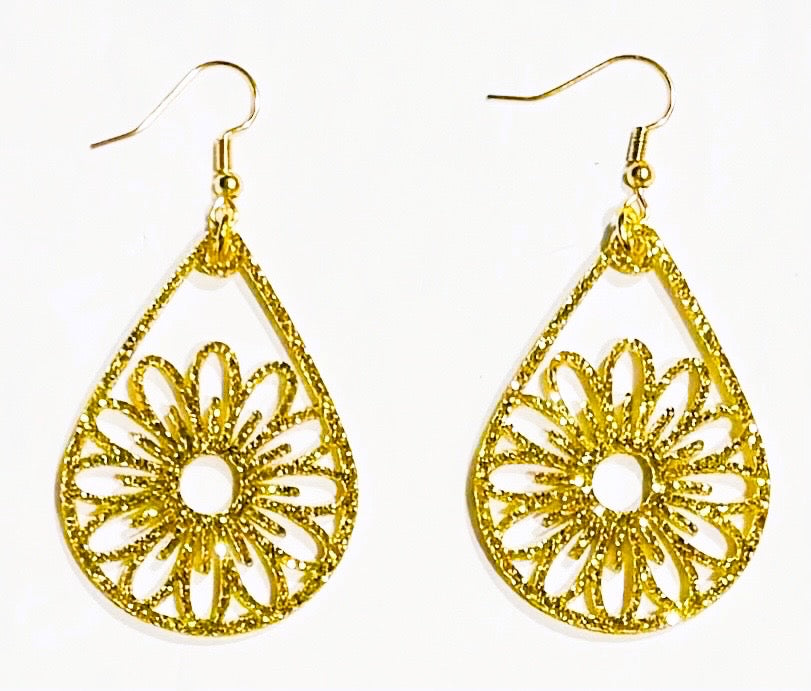 Teardrop Daisy Acrylic Earrings, Gold Glitter