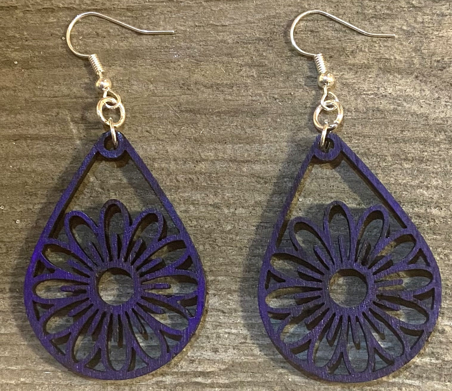 Teardrop Daisy Wood Earrings, Purple Dye