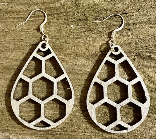 Teardrop Honeycomb Wood Earrings, Metallic Silver