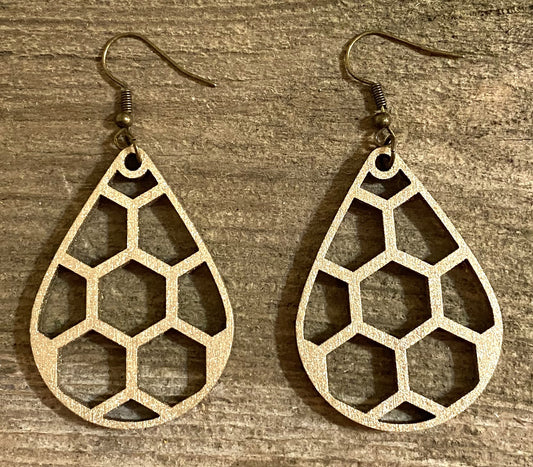 Teardrop Honeycomb Wood Earrings, Old Gold