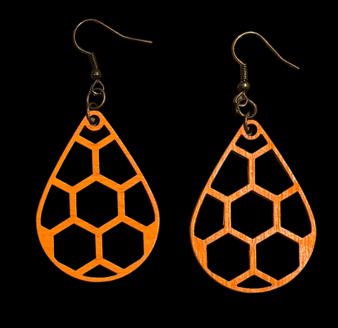 Teardrop Honeycomb Wood Earrings, Orange