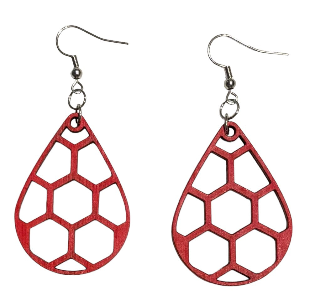 Teardrop Honeycomb Wood Earrings, Apple Red