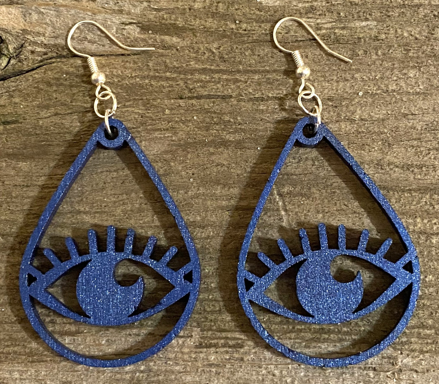 Teardrop Eye Wood Earrings, Blue Metallic