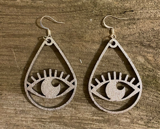 Teardrop Eye Wood Earrings, Metallic Silver