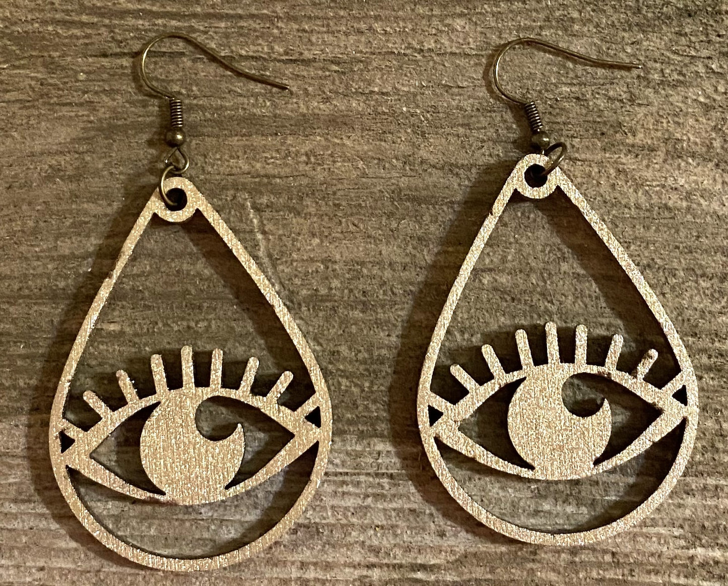 Teardrop Eye Wood Earrings, Old Gold