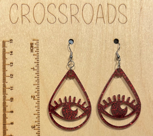 Teardrop Eye Acrylic Earrings, Red Glitter
