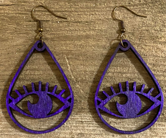 Teardrop Eye Wood Earrings, Purple Dye