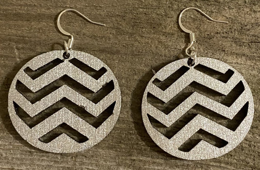 Chevron Wood Earrings, Metallic Silver