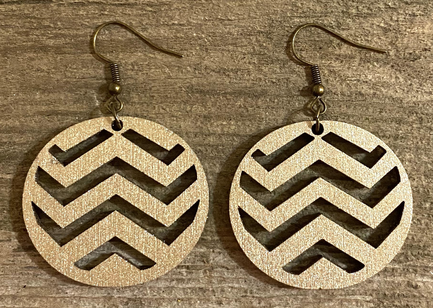 Chevron Wood Earrings, Metallic Old Gold