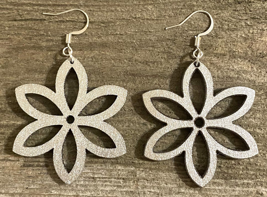 Flower Wood Earrings, Metallic Silver