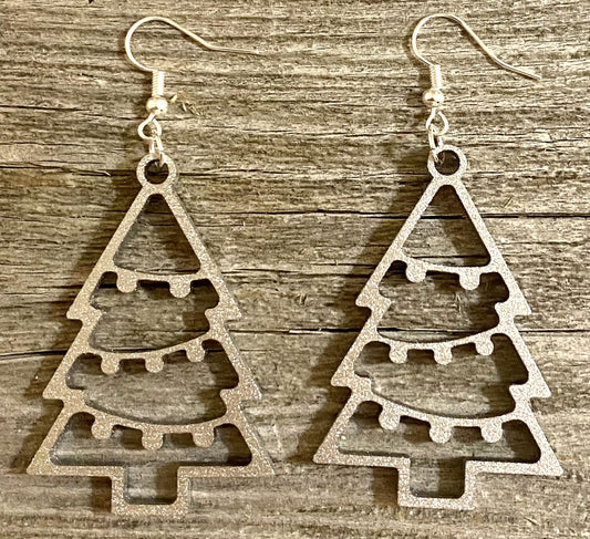 Christmas Tree Wood Earrings, Metallic Silver