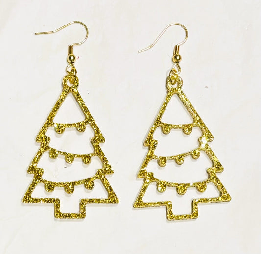 Christmas Tree Acrylic Earrings, Gold Glitter