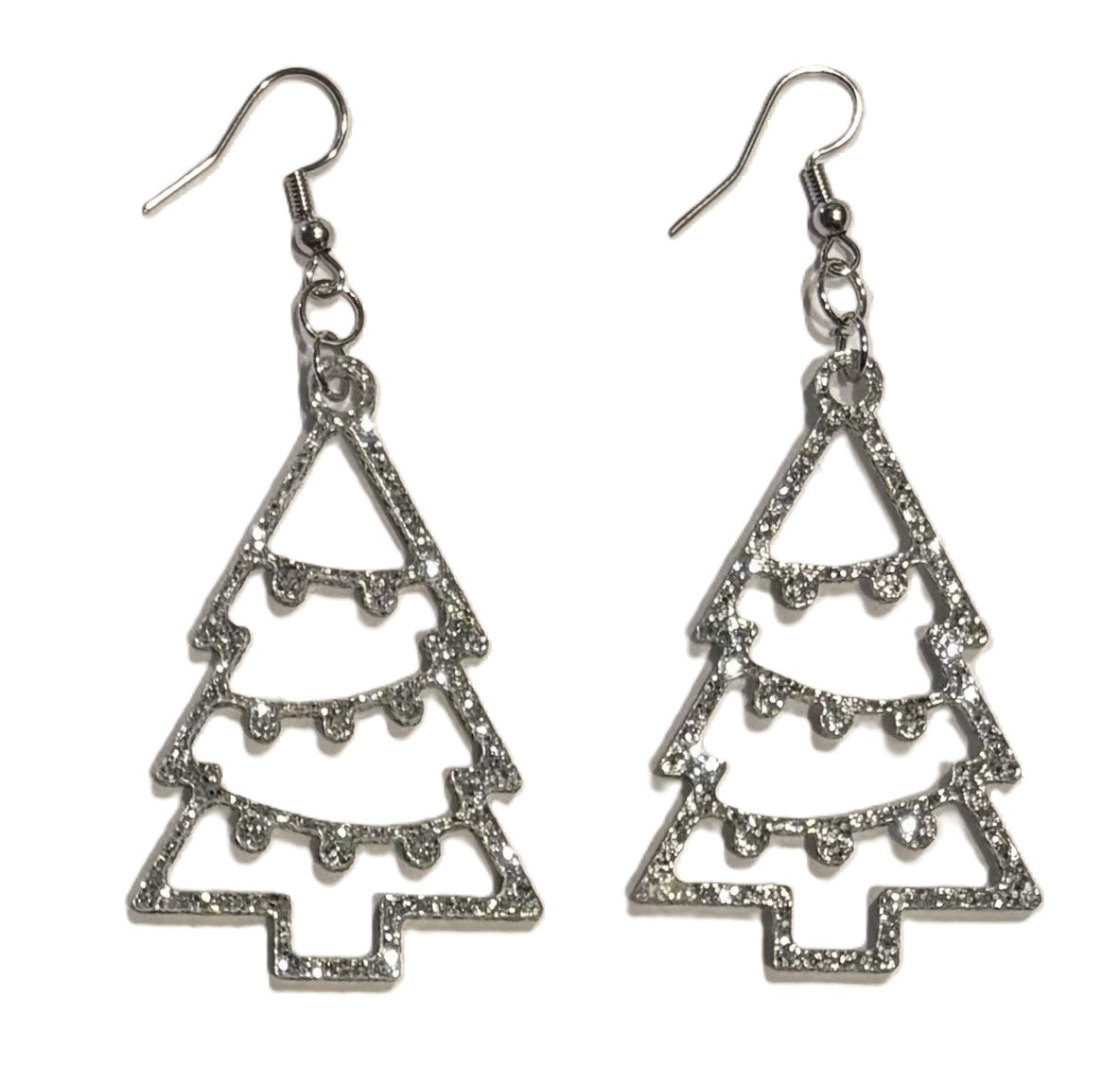 Christmas Tree Acrylic Earrings, Silver Glitter