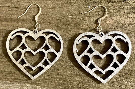 Multi Heart Wood Earrings, Metallic Silver