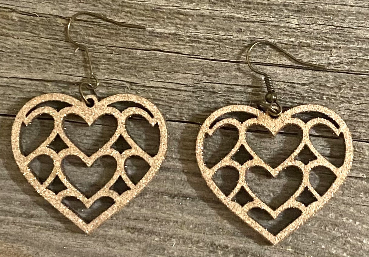 Multi Heart Wood Earrings, Old Gold