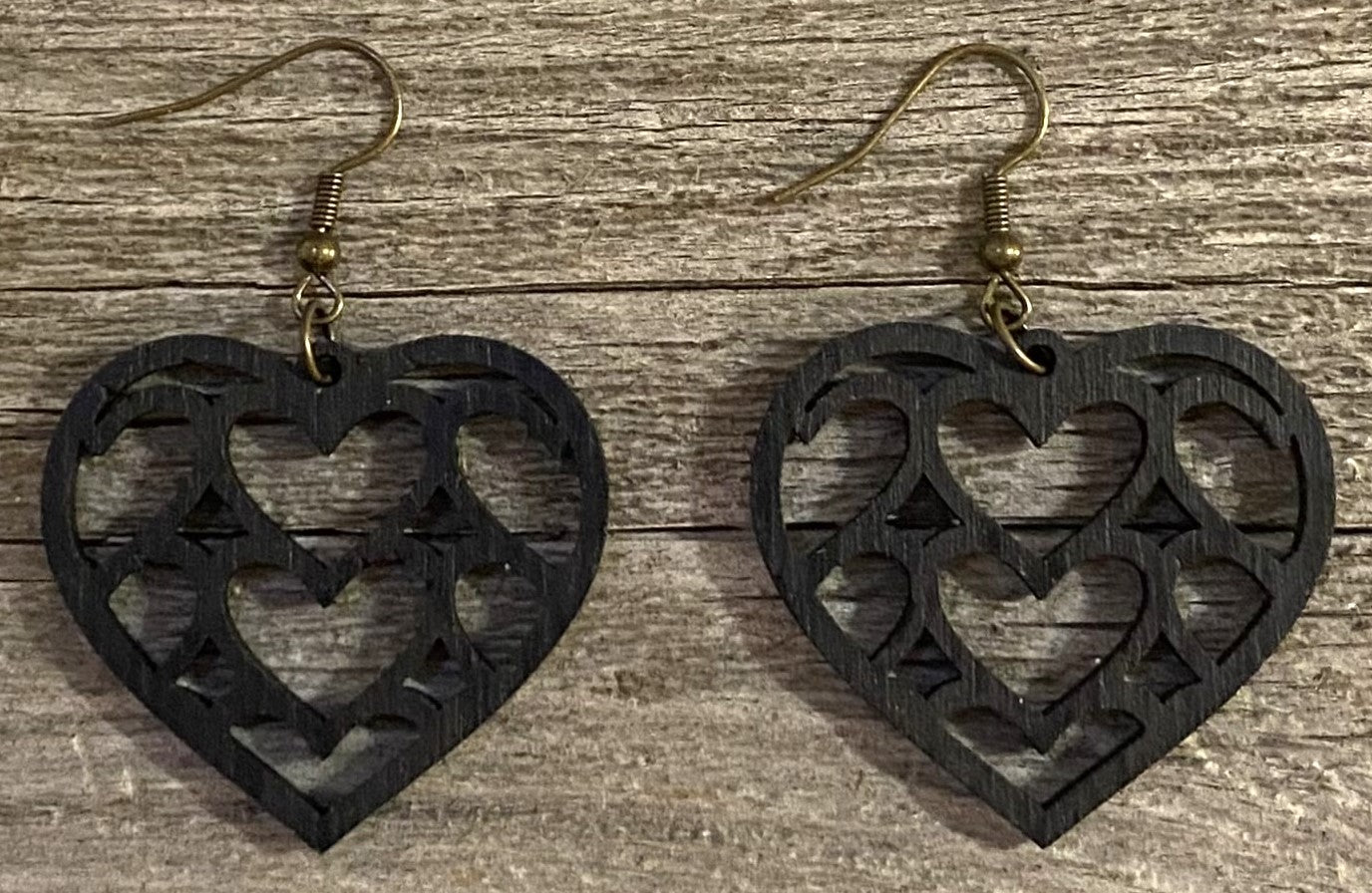 Multi Heart Wood Earrings, Black