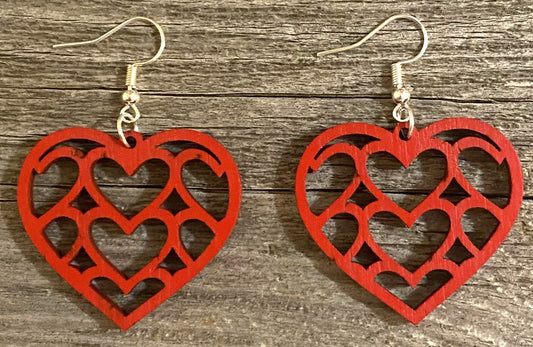 Multi Heart Wood Earrings, Apple Red