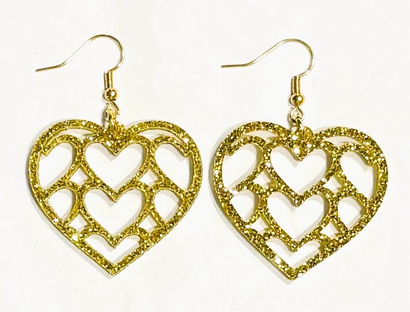 Multi Heart Acrylic Earrings, Gold Glitter