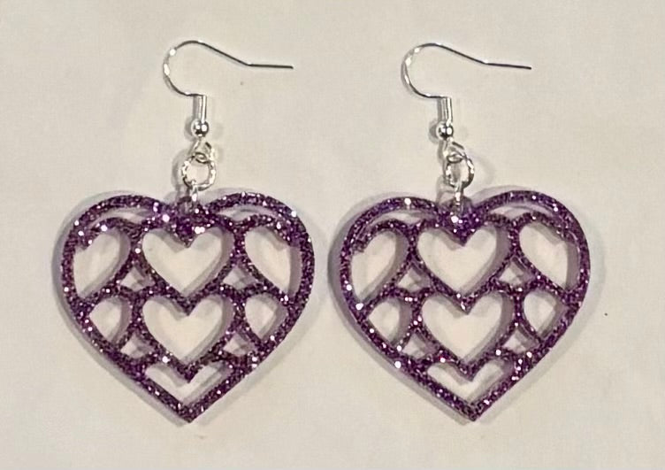 Multi Heart Acrylic Earrings, Lavender Glitter