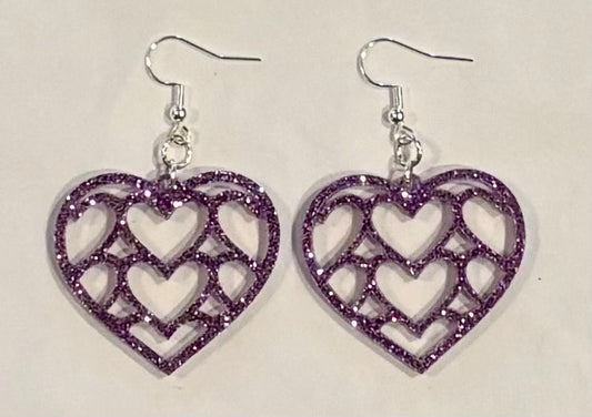 Multi Heart Acrylic Earrings, Lavender Glitter