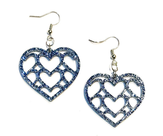 Multi Heart Acrylic Earrings, Galaxy Blue Glitter