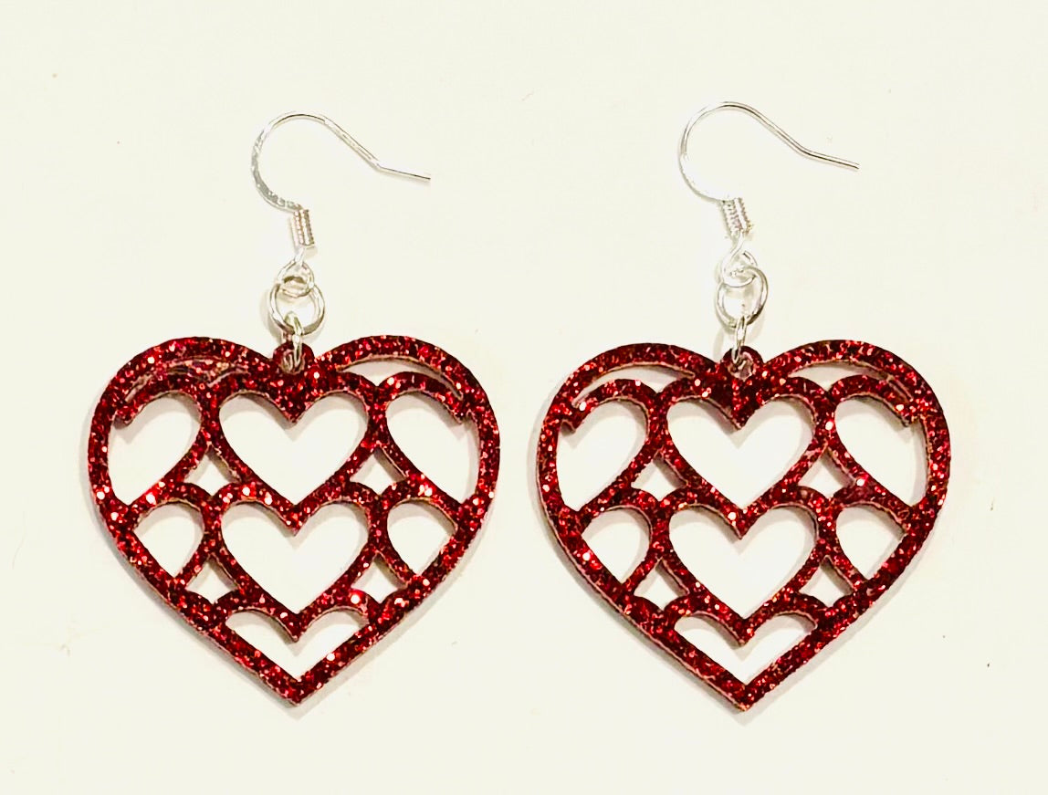 Multi Heart Acrylic Earrings, Scarlet Red Glitter