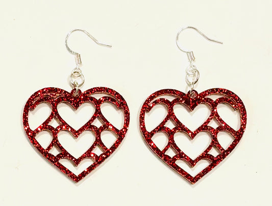 Multi Heart Acrylic Earrings, Scarlet Red Glitter