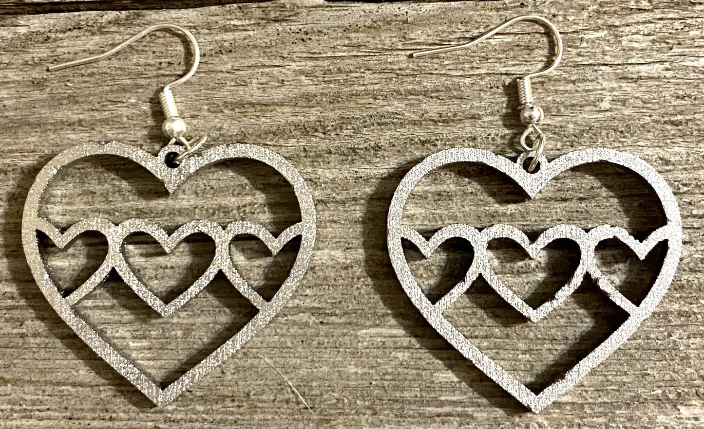 Triple Heart Wood Earrings, Metallic Silver