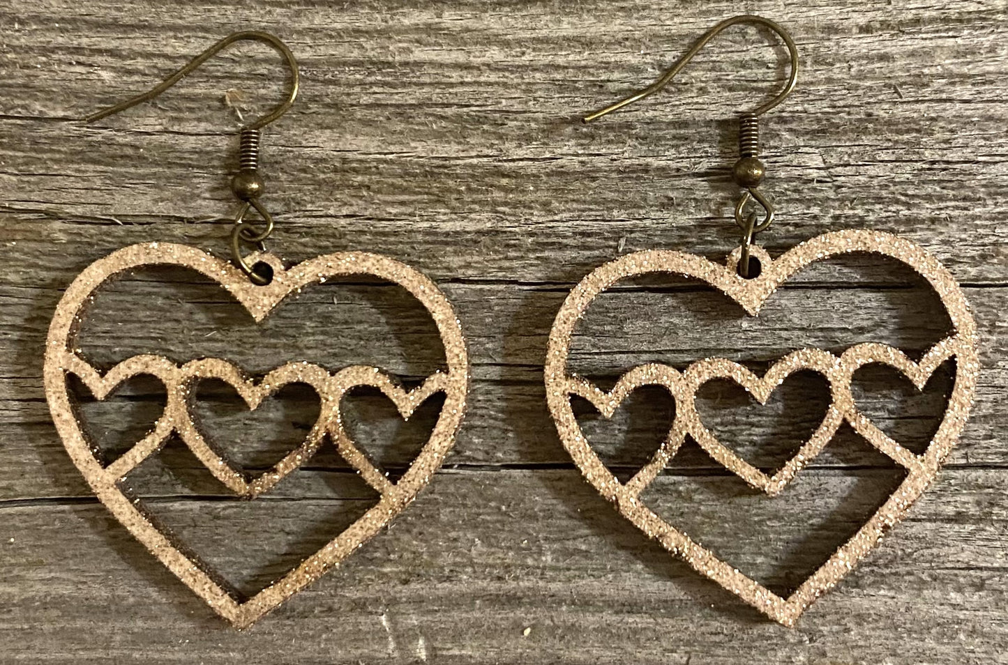 Triple Heart Wood Earrings, Old Gold