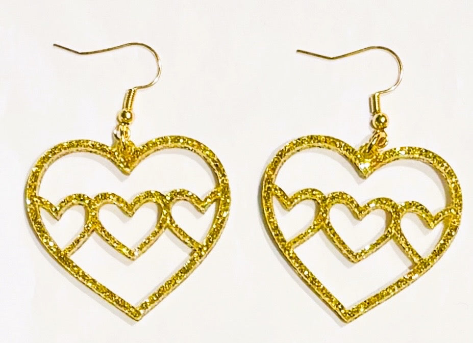 Triple Heart Acrylic Earrings, Gold Glitter