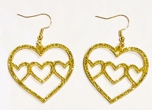 Triple Heart Acrylic Earrings, Gold Glitter