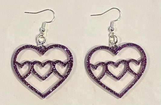 Triple Heart Acrylic Earrings, Lavender Glitter