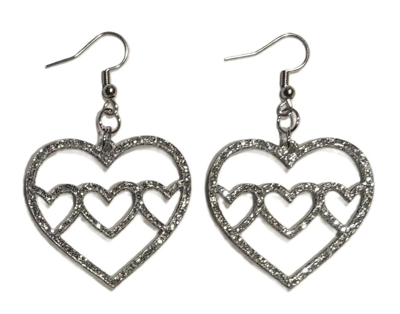 Triple Heart Acrylic Earrings, Silver Glitter