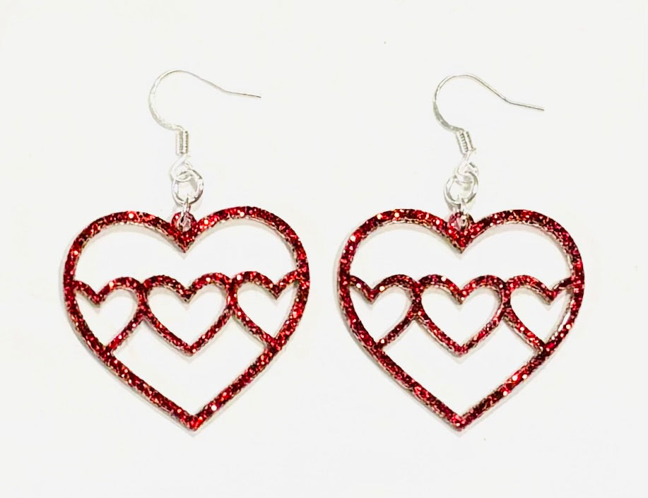 Triple Heart Acrylic Earrings, Scarlet Red Glitter