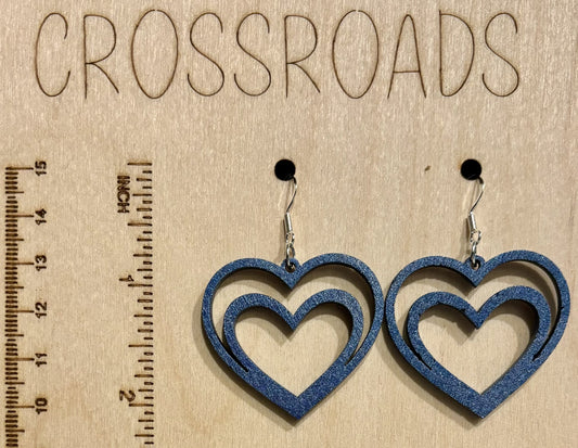 Double Heart Wood Earrings, Metallic Blue