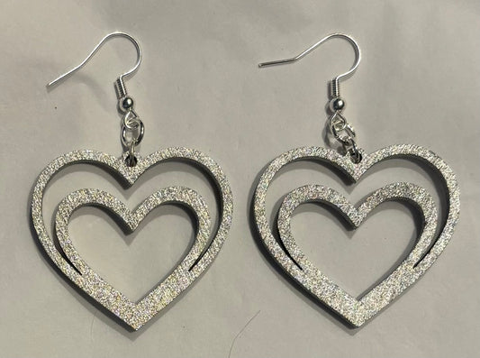 Double Heart Wood Earrings, Metallic Silver