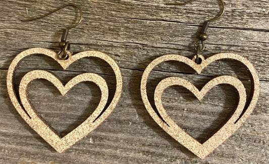 Double Heart Wood Earrings, Old Gold