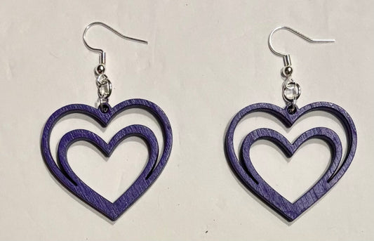 Double Heart Wood Earrings, Grape