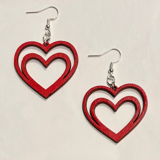 Double Heart Wood Earrings, Apple Red