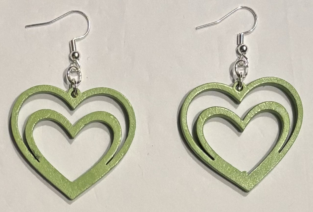 Double Heart Wood Earrings, Green Apple