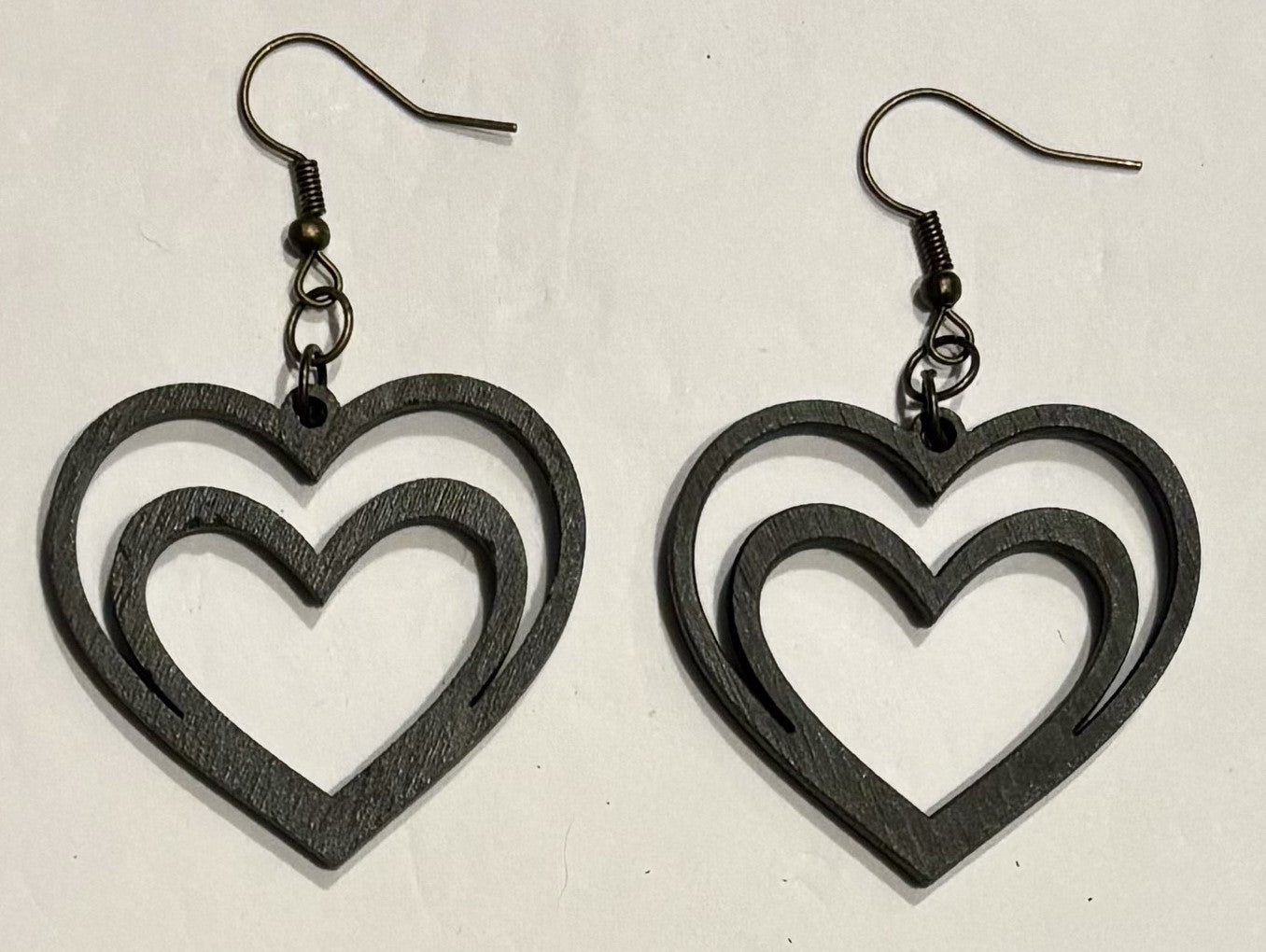 Double Heart Wood Earrings, Charcoal Gray