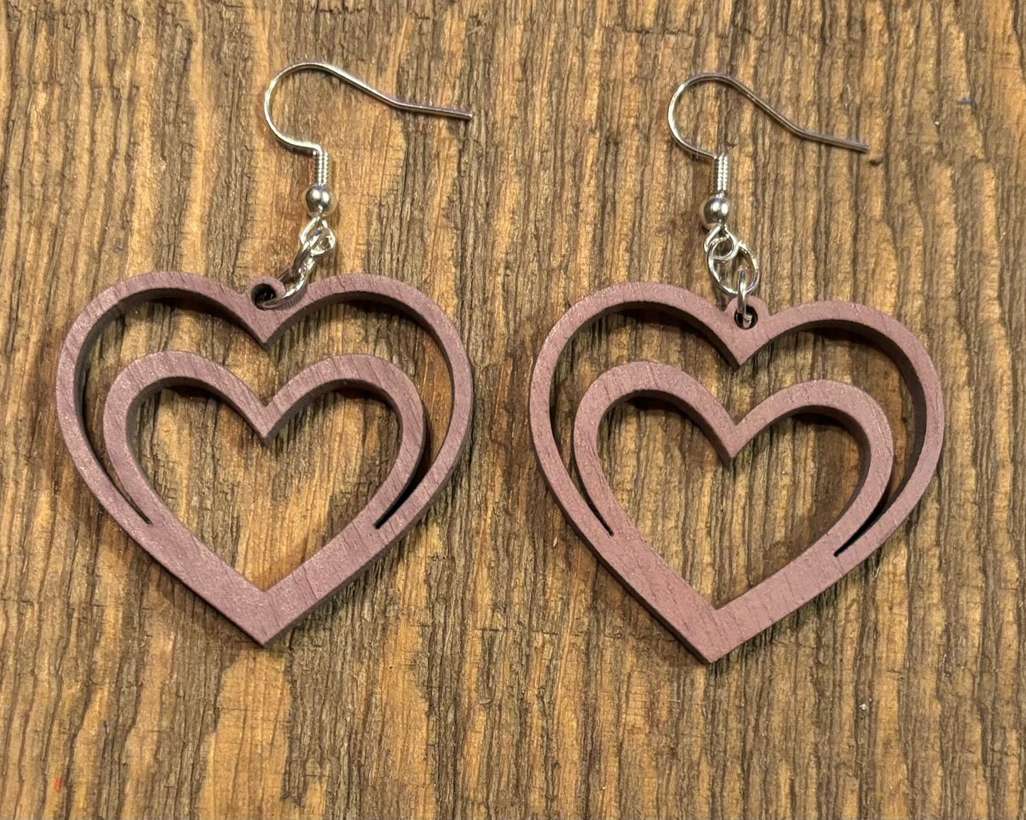 Double Heart Wood Earrings, Lavender