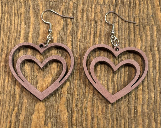 Double Heart Wood Earrings, Lavender