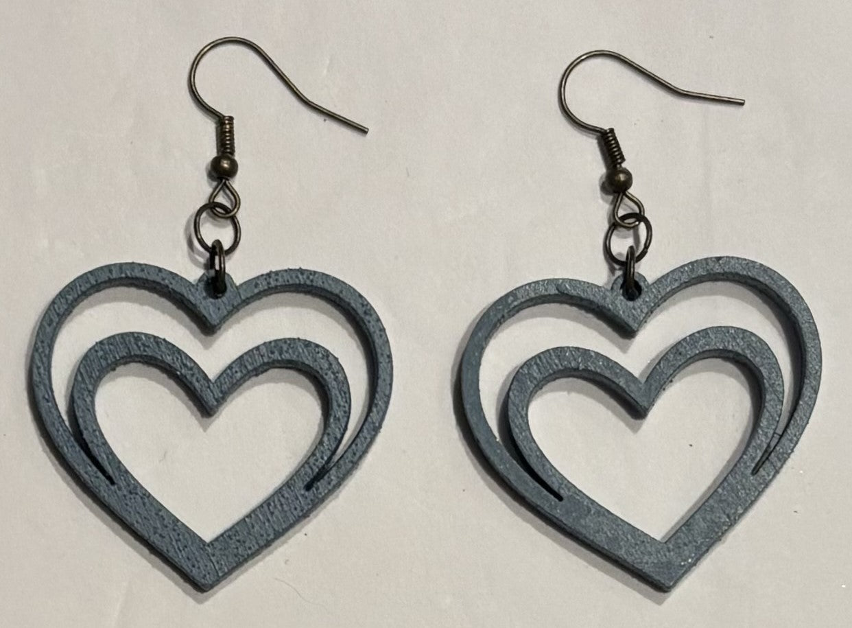 Double Heart Wood Earrings, Slate Blue