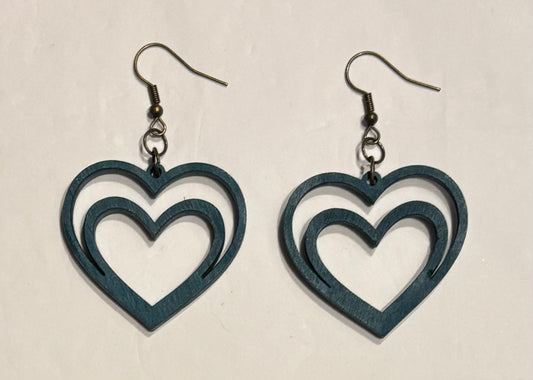 Double Heart Wood Earrings, Deep Turquoise