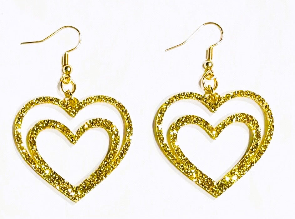 Double Heart Acrylic Earrings, Gold Glitter