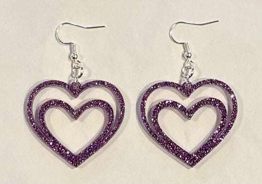 Double Heart Acrylic Earrings, Lavender Glitter